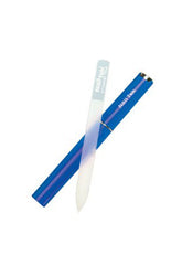 Nail Tek 5 inch Medium Crystal File laid on top of its Cobalt Blue Companion Case for travel